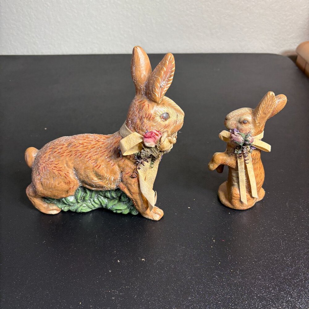 2 Vintage Hand Painted Lic. by brn Glitter Finish Whimsical Rabbits FARMHOUSE